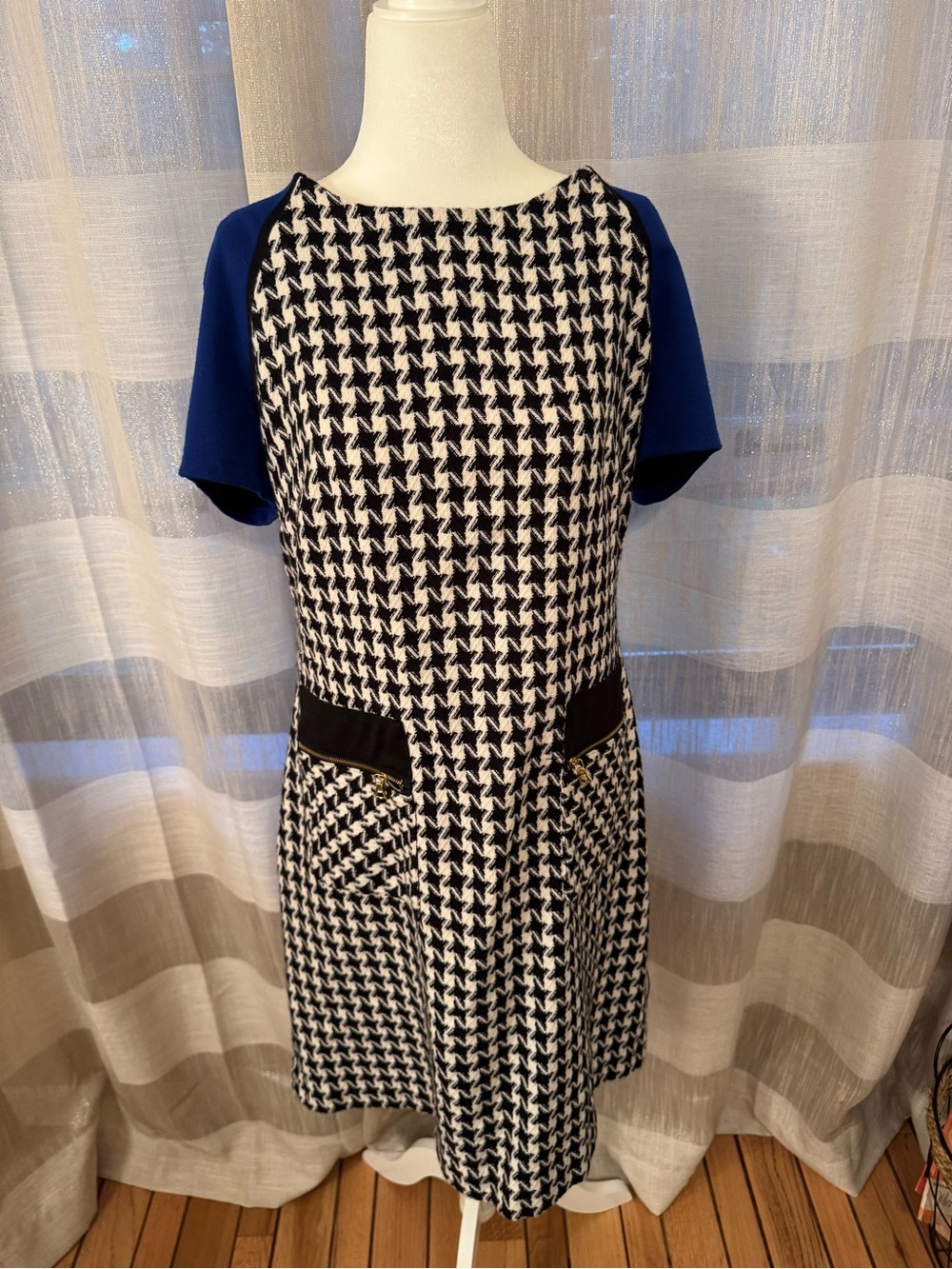 Ice Black & White Houndstooth Short Sleeve Shift Dress with Blue Sleeves